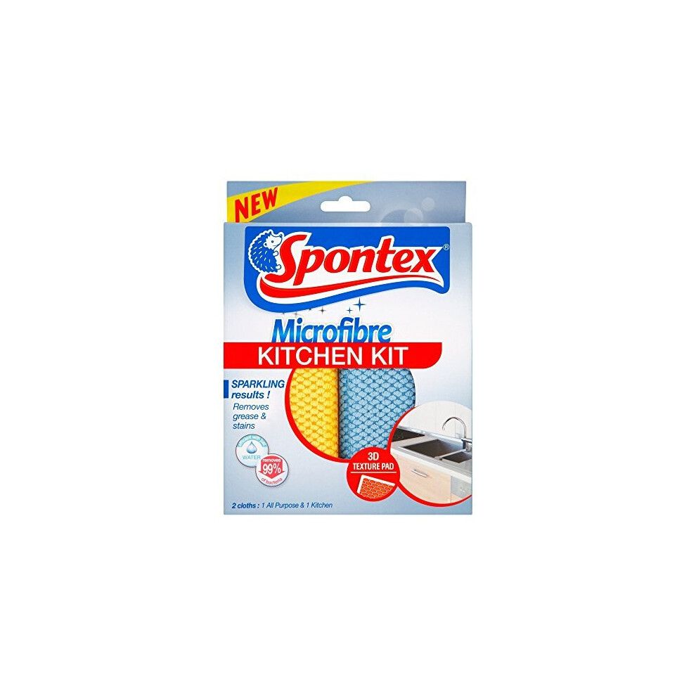 Spontex Microfibre Kitchen Kit (2 Cloths), Removes 99% Of Bacteria