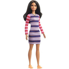 Poupe Barbie Fashionistas #147 avec de longs cheveux bruns portant une robe raye, des chaussures orange et un collier, jouet pour enfants de 3