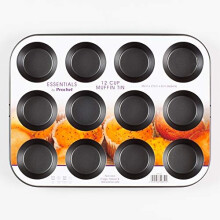 Prochef Teflon Non-Stick Premium Coated 12 Cup Muffin Tray - Length 35cm x Width 27cm - High Quality Carbon Steel for Muffins or Cupcakes - Silver