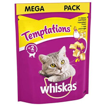 Whiskas Temptations - Tasty, Crunchy Cat Treats, Small Bite Size Snacks with a Delicious Chicken and Cheese Filling, 4 x 180 g Packets