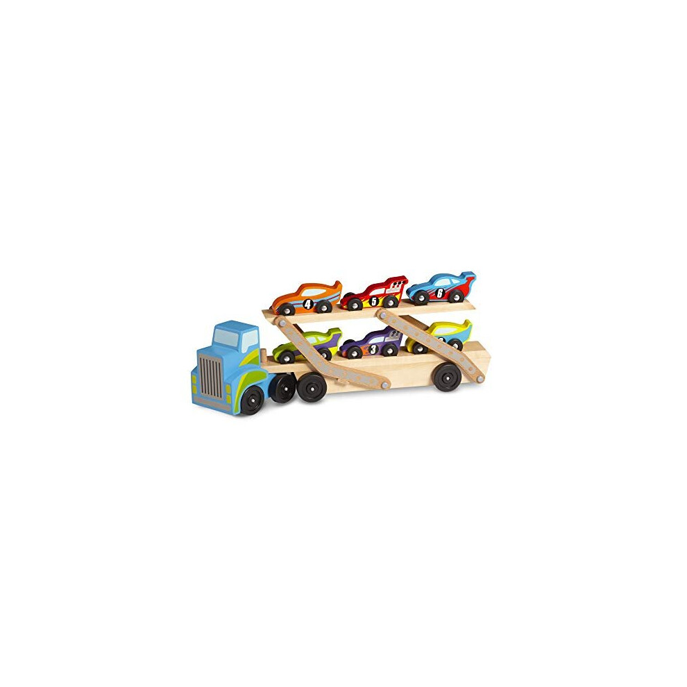 Melissa & Doug Mega Race-Car Carrier | Wooden Vehicles & Trains | Trucks & Vehicles | 7+ | Gift for Boy or Girl