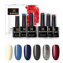 BLUESKY Gel Nail Polish Set, AW2020, Lady Snow Autumn and Winter 2020 Collection, 6 x 10ml Red, Cream, Grey, Blue, Navy, Silver, Glitter (Requires cur