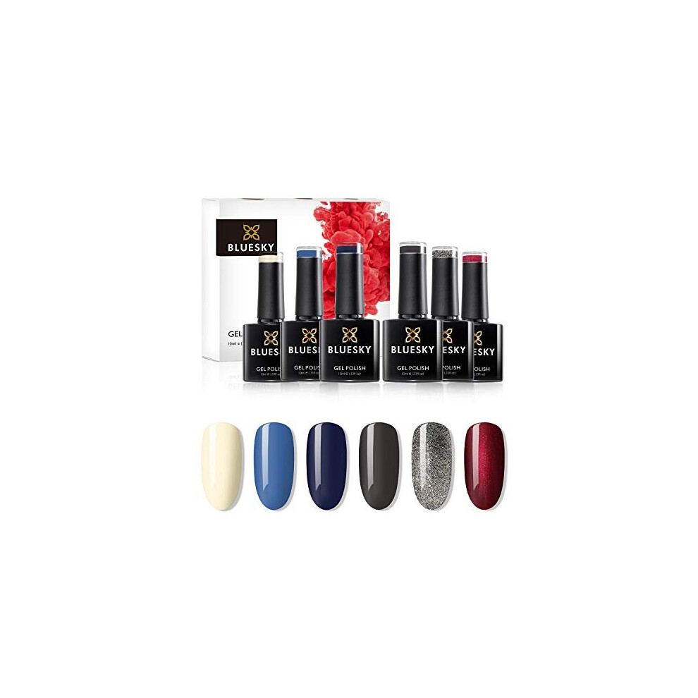 BLUESKY Gel Nail Polish Set, AW2020, Lady Snow Autumn and Winter 2020 Collection, 6 x 10ml Red, Cream, Grey, Blue, Navy, Silver, Glitter (Requires cur
