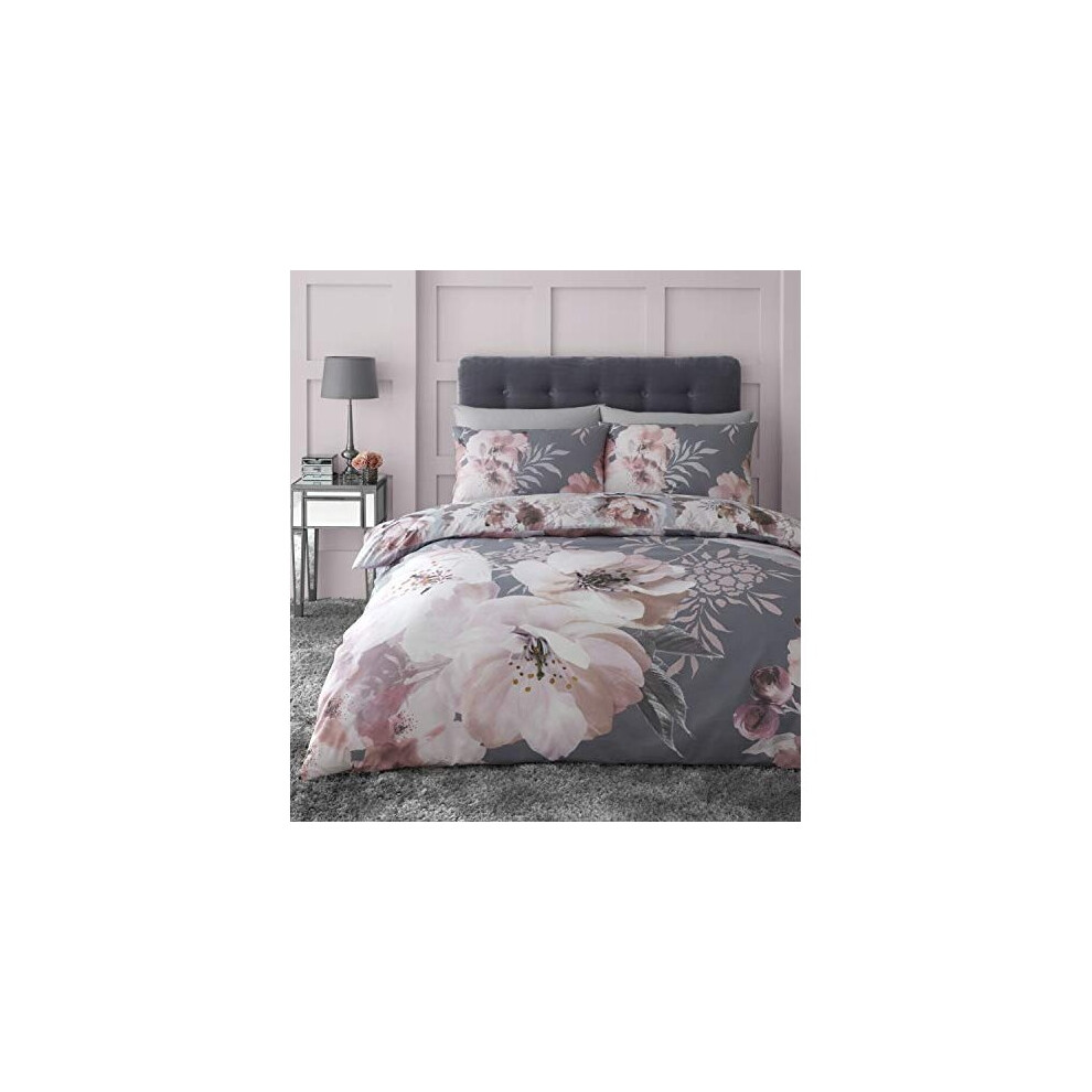 Catherine Lansfield Dramatic Floral Easy Care Double Duvet Set Grey