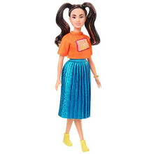 âÃÃBarbie Fashionistas Doll #145 with Long Brunette Pigtails Wearing Orange T-shirt, Shimmery Blue Skirt, Yellow Kicks & Bracelet, Toy for Kids 3