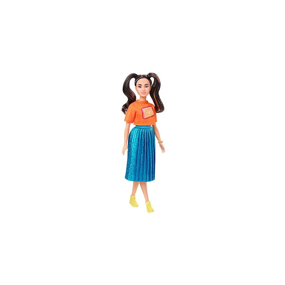 Ã¢ÃÃBarbie Fashionistas Doll #145 with Long Brunette Pigtails Wearing Orange T-shirt, Shimmery Blue Skirt, Yellow Kicks & Bracelet, Toy for Kids 3