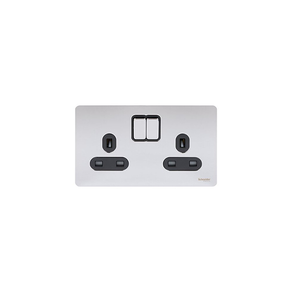 Schneider Electric Gu3420bpc Ultimate Screwless Flat Plate 13A Switched Double Socket Polished Chrome Black Insert 5018486467069