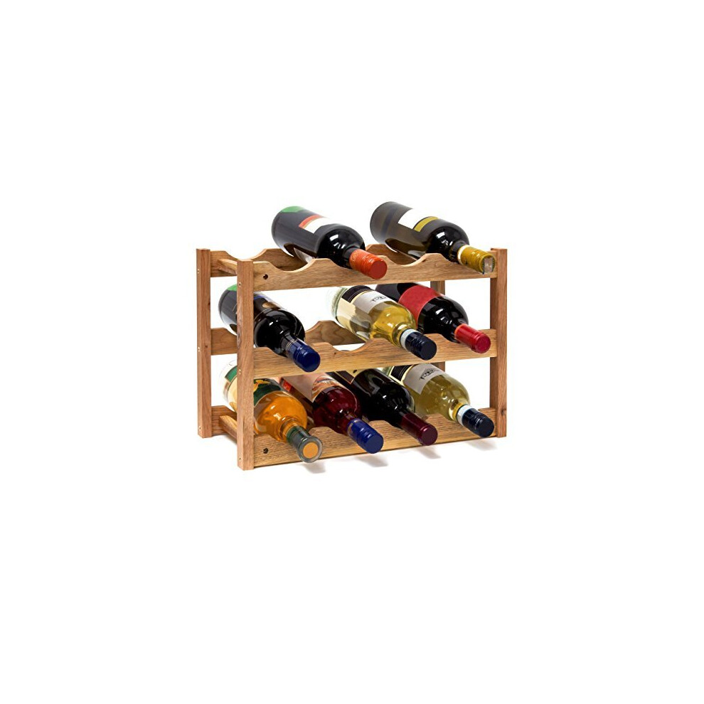 Relaxdays Free Rack: 28 x 42.5 x 21 cm Wooden Stand with Three Shelves for 12, Small Wine Bottle Holder Made Out of Oiled Walnut for Horizontal Storag