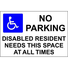 No Parking - Disabled Resident Space Sign, 300x200mm, 1.2mm Rigid Plastic, Laminated, Drill/Screw or Tape Mount (B00Z40K0C4)