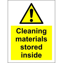 Warning Cleaning materials stored inside safety sign - Self adhesive sticker 200mm x 150mm
