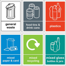 Recycling bin Sign/Sticker pack - Self adhesive vinyl Pack of 6 stickers 300mm x 200mm