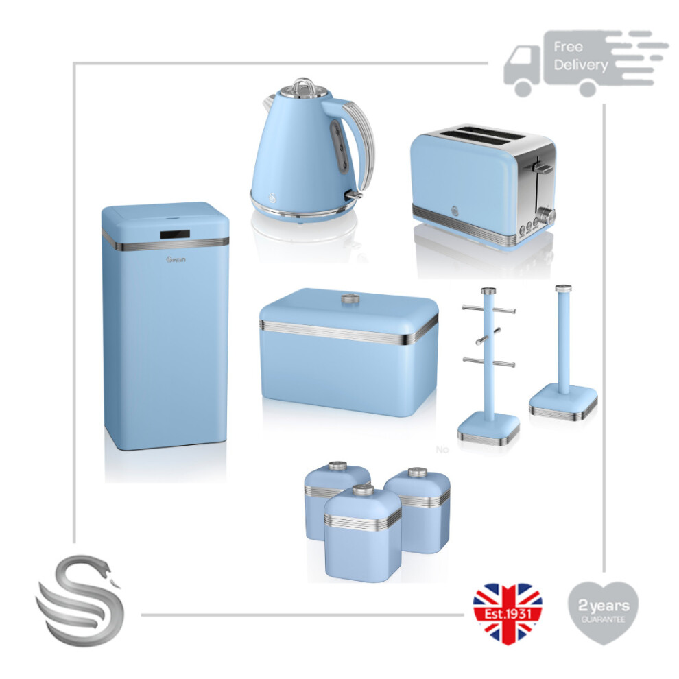 (Blue) Swan Retro 9pce Kitchen Set- 45L Electric Bin, 1.5L Cordless Kettle, 2 Slice Toaster Crumb Tray, Bread Bin, Mug Tree, Towel Pole & 3 Storage Canisters