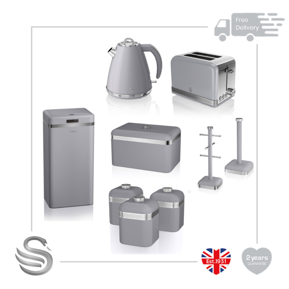 (Grey) Swan Retro 9pce Kitchen Set- 45L Electric Bin, 1.5L Cordless Kettle, 2 Slice Toaster Crumb Tray, Bread Bin, Mug Tree, Towel Pole & 3 Storage Canisters