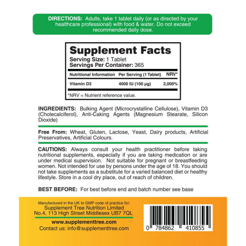 Vitamin D3 4000IU (365 Vegetarian Tablets) High Strength Vit D 1