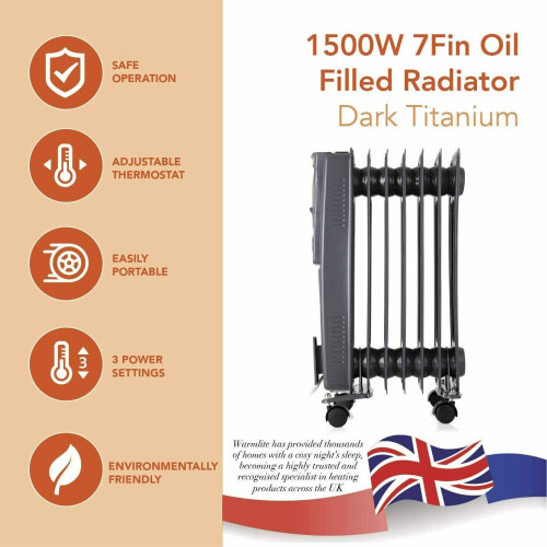 Warmlite 1500W Oil Filled Radiator Dark Titanium 1