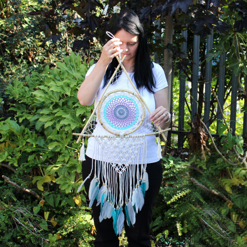 Protection Dream Catcher - Lrg Macrame Pyramid White/Turquoise 1