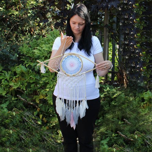 Protection Dream Catcher - Med Macrame Evil Eye Blue/White/Pink 2