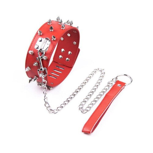 Black Spiked Fetish Collar with Chain Lead