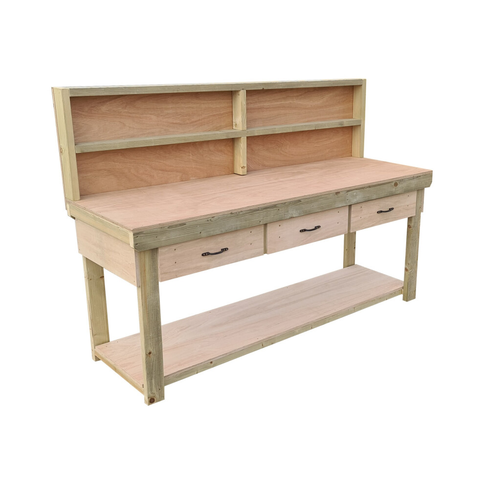 (8ft, Standard Legs) Wooden Eucalyptus Top Workbench With Drawers And Back Panel