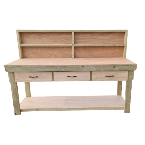 (8ft, Standard Legs) Wooden Eucalyptus Top Workbench With Drawers And Back Panel 2