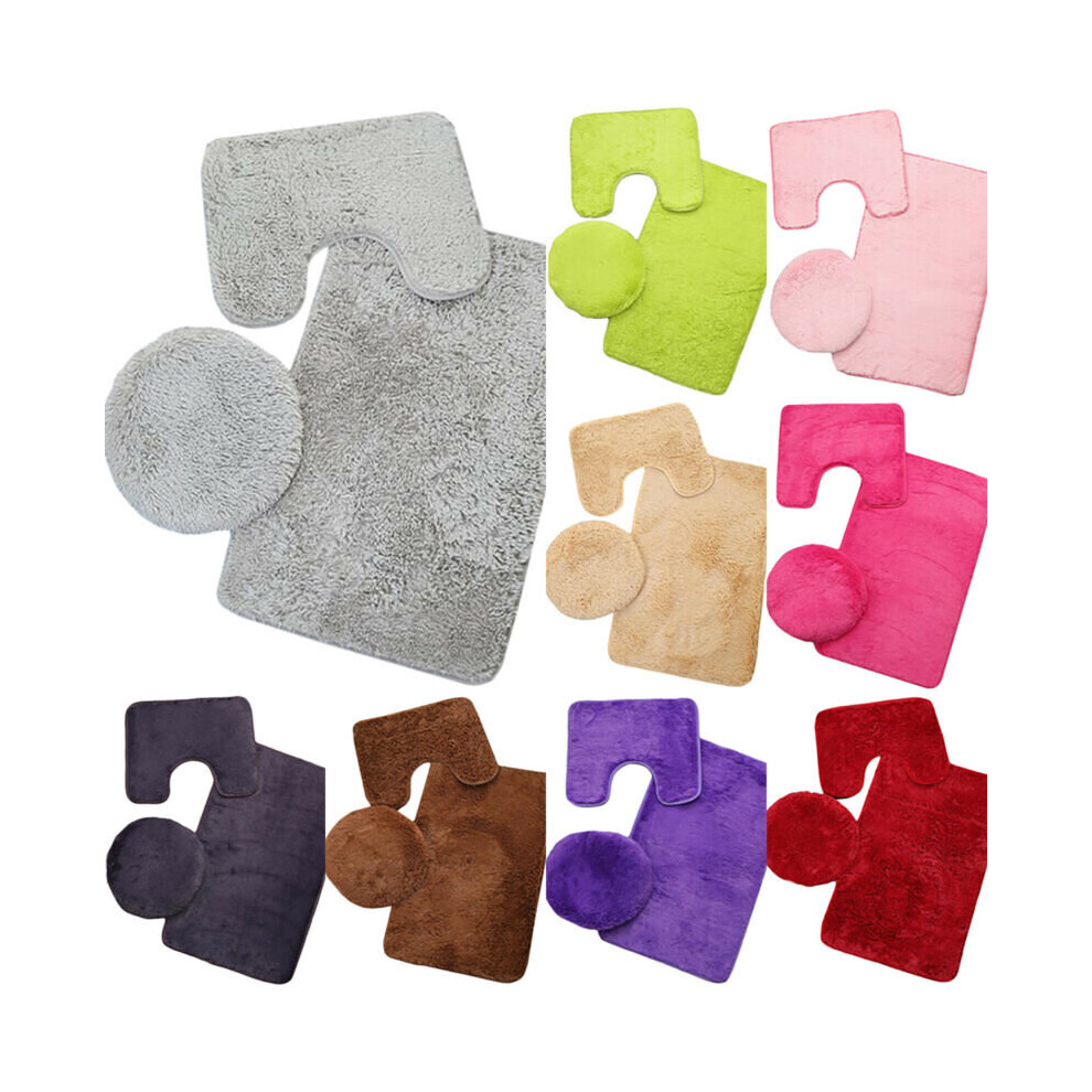 (Pink) 3PCS Bath Mat Set Pedestal Toilet Lid Cover Non Slip Absorbent Bathroom WC Rug