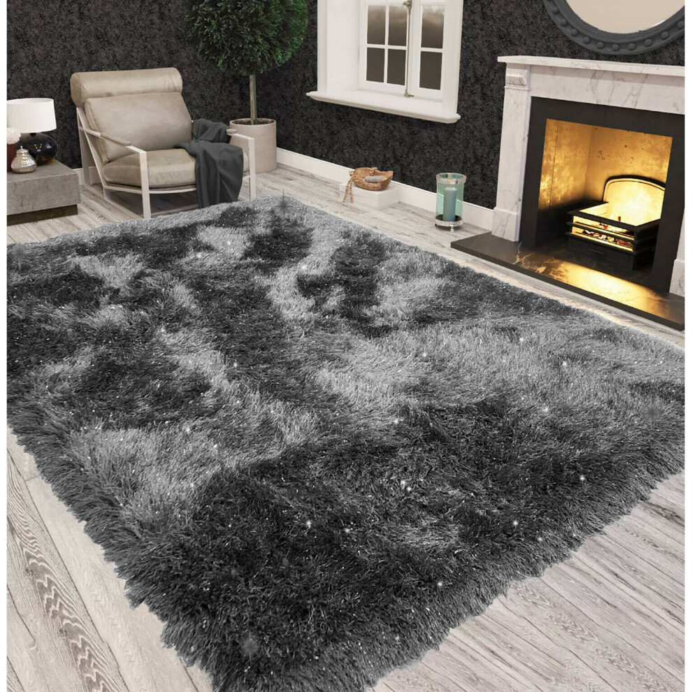 (Black Grey) Non Slip Shaggy Sparkle Living Room Carpet Rugs