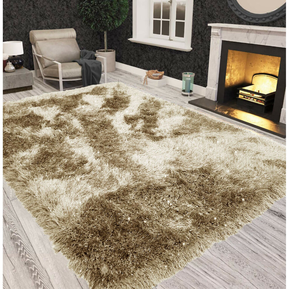 (Cream) Non Slip Shaggy Sparkle Living Room Carpet Rugs