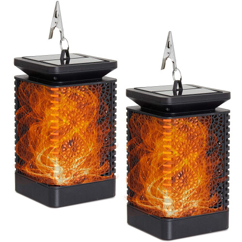 Garden Solar Powered Lights Pack of 2 Outdoor Led Lantern Flame Effect