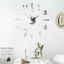 (Silver) Large DIY 3D Frameless Number Wall Clock Mirror Sticker Home Office Room Decor