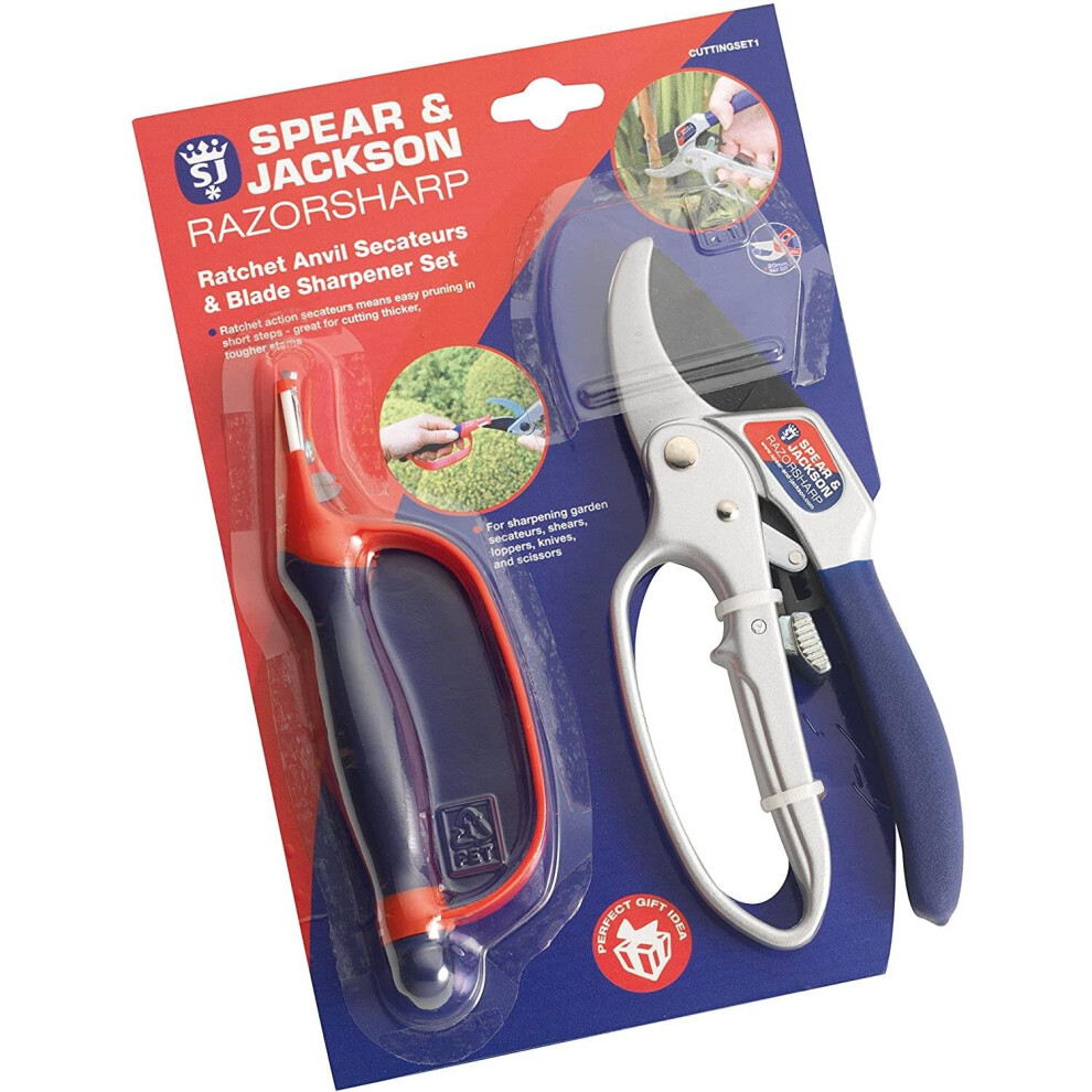 Spear & Jackson Razorsharp Ratchet Anvil Secateurs & Blade Sharpener - Red/Navy