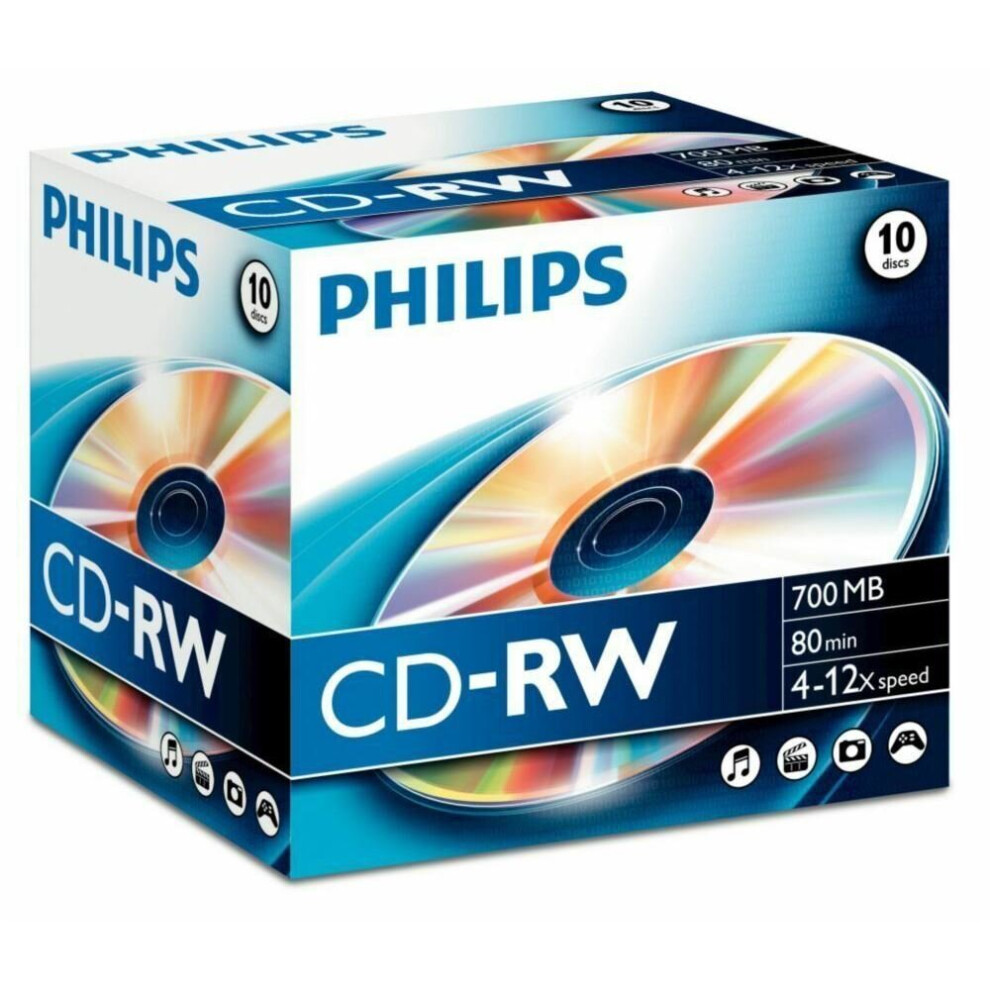 Philips 10 X Cd-Rw Blank Re-Writable Blank Discs 80 Mins 700Mb 4-12X Speed Jewel