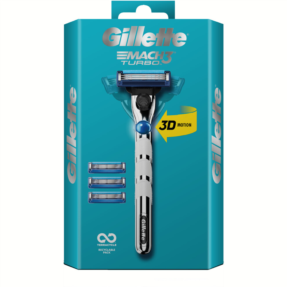 Gillette Men Mach3 Turbo Special Starter Pack, 3D Razor Handle & 3 Blade Refills