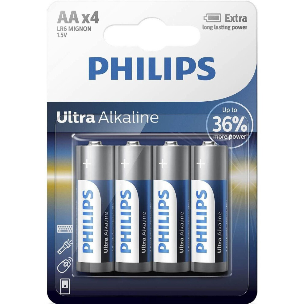 Philips Ultra Alkaline AA Battery Ultra High Power for High Drain Devices 4 Pack