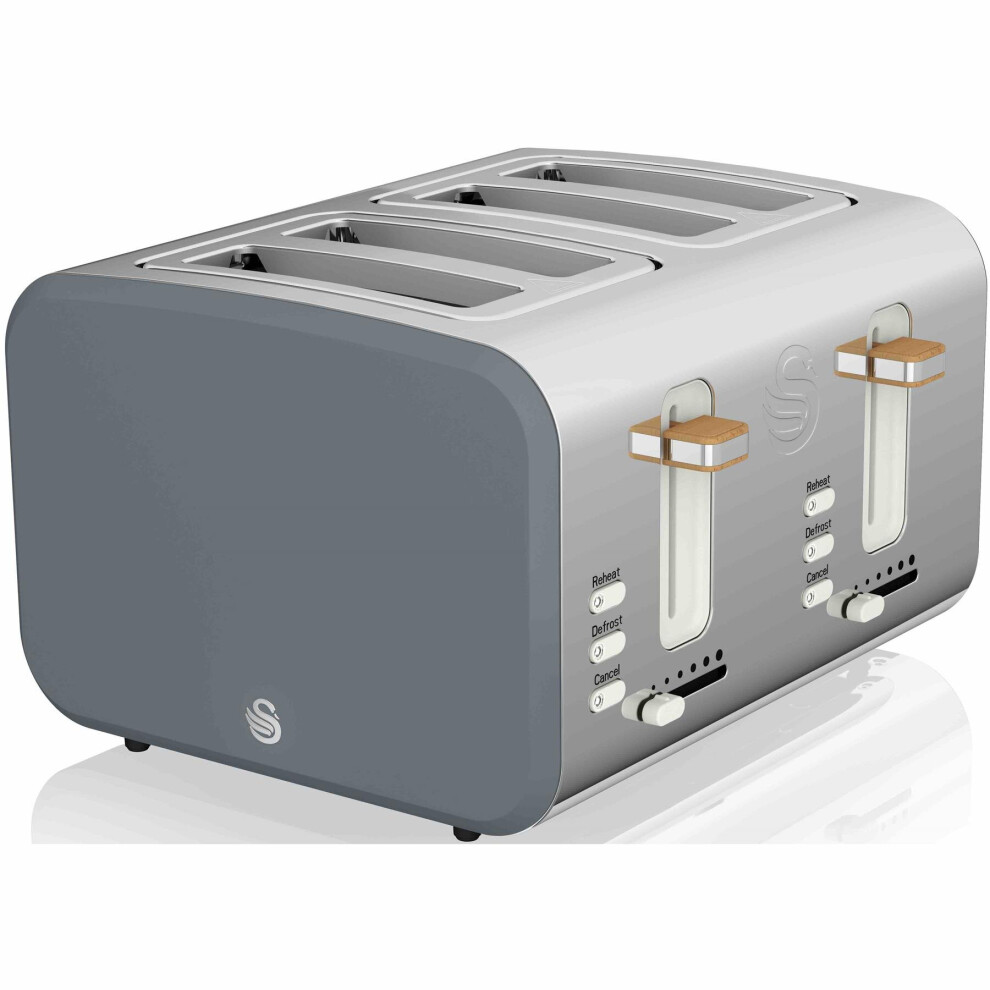 (Swan 4 Slice Nordic Style Toaster Grey) Swan ST14620WHTN Nordic 4-Slice Toaster with Defrost/Reheat/Cancel Functions, Cord Storage, 1500W,