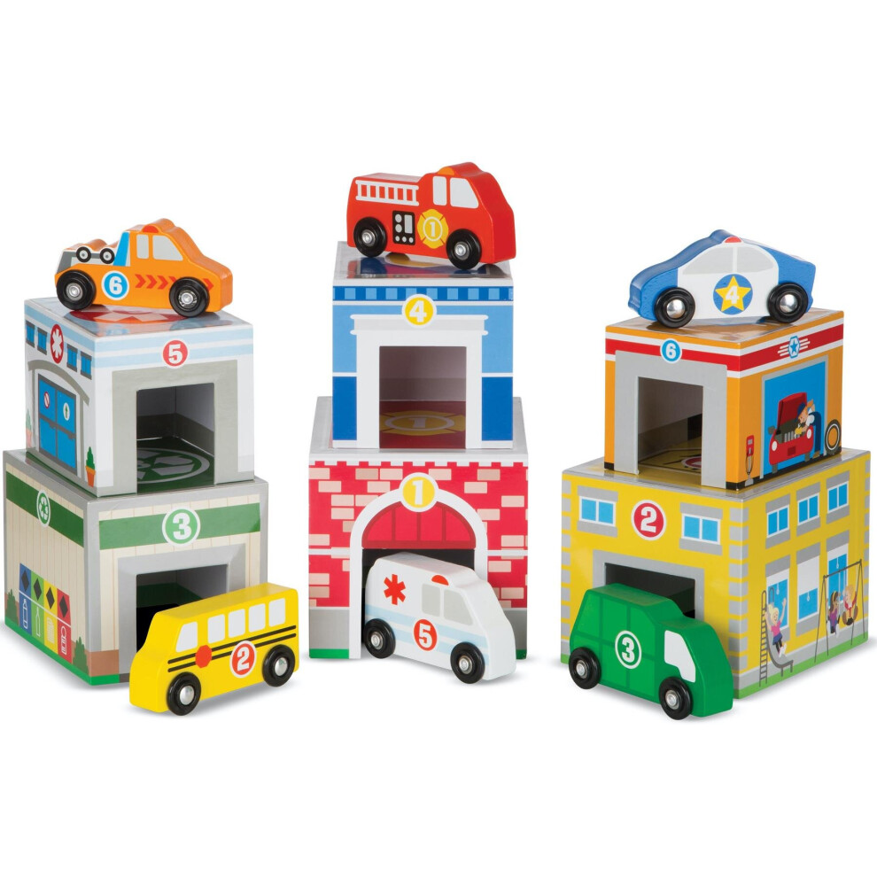 Melissa & Doug Nesting and Sorting Blocks â 6 Buildings, 6 Wooden Vehicles