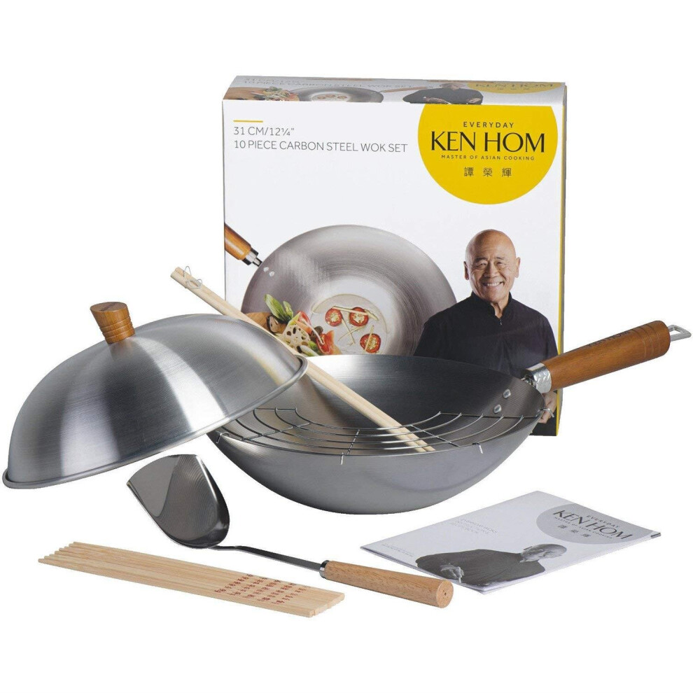 10pc Ken Hom Classic 31cm Carbon Steel Wok Set