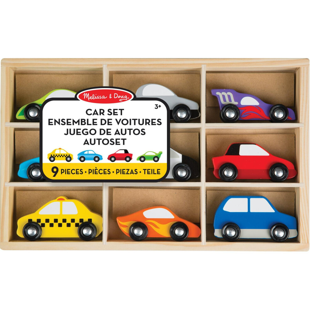 Melissa & Doug Wooden Cars Vehicle Set in Wooden Tray (9 Vehicle Toys)