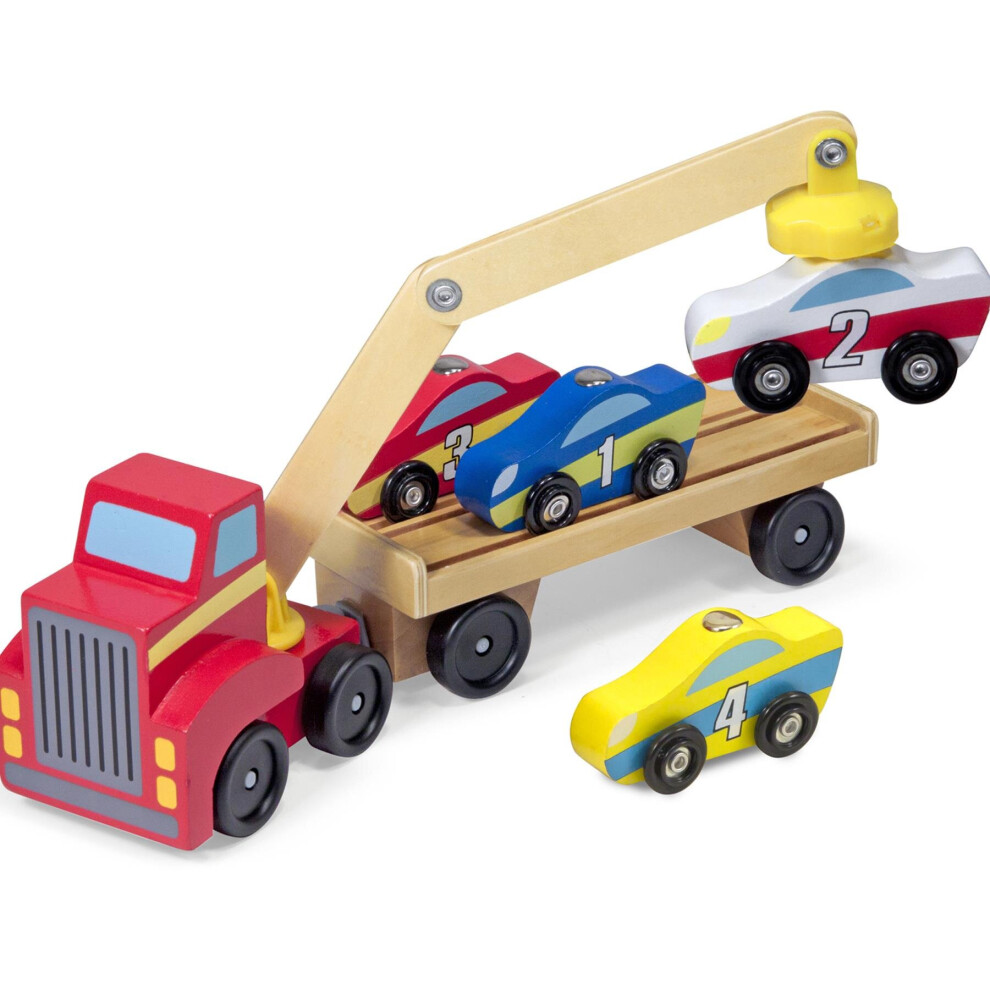 Melissa & Doug Magnetic Car Loader - Wooden Transporter Toy 19390 Red