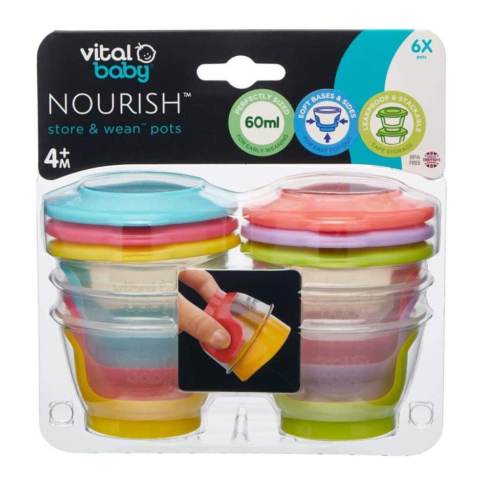 vital baby NOURISH Store & Wean pots 60ml, Storage Pots with Soft Base, 6pack, 443886