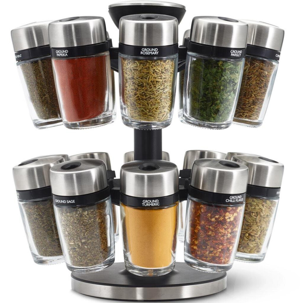 Cole & Mason Premium 20 Jar Filled Herb and Spice Carousel, Stainless Steel and Glass, 25 cm