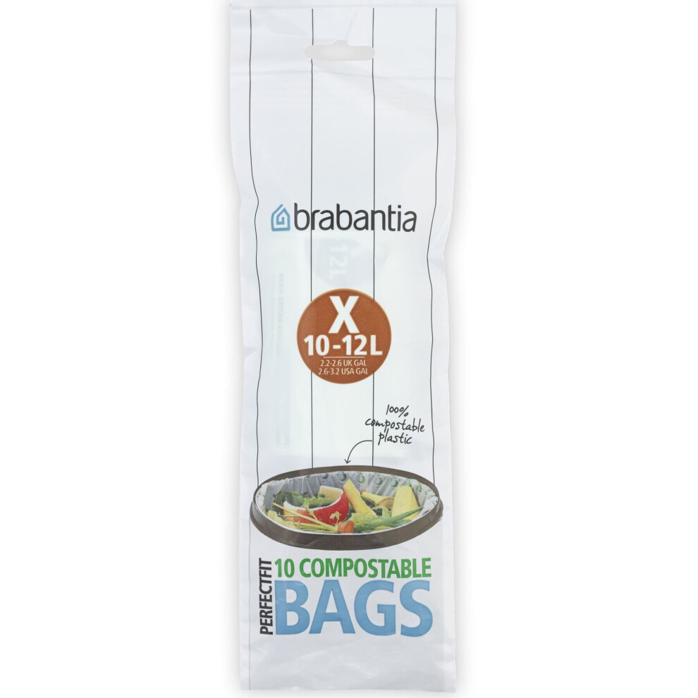 Brabantia Compostable Bin Liners PerfectFit Size X, 10-12L, 10 Bags per roll, White, 10-12 L