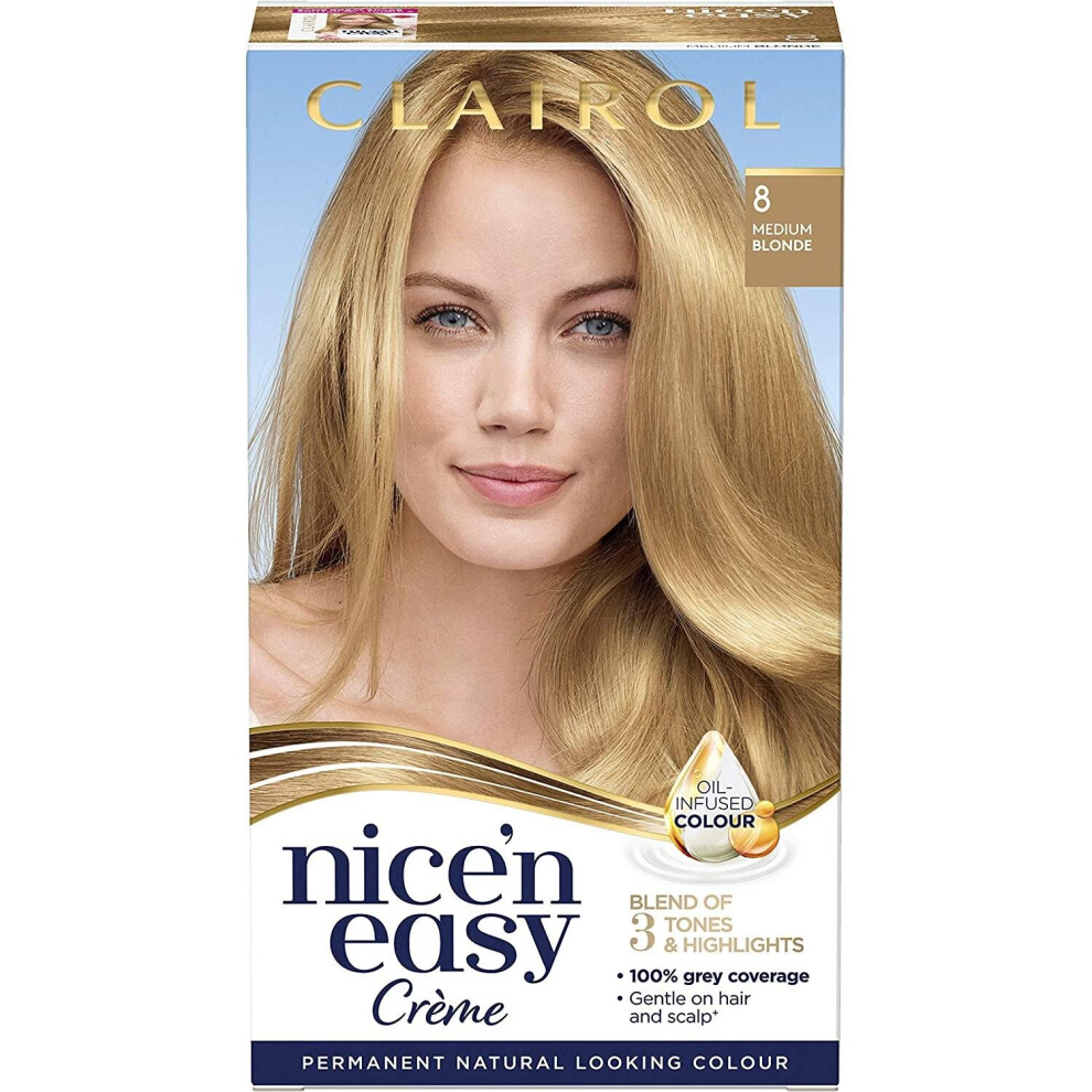 Clairol Nice' N Easy CrÃ¢Ãme, Natural Looking Oil Infused Permanent Hair Dye, 8 Medium Blonde 177 Ml