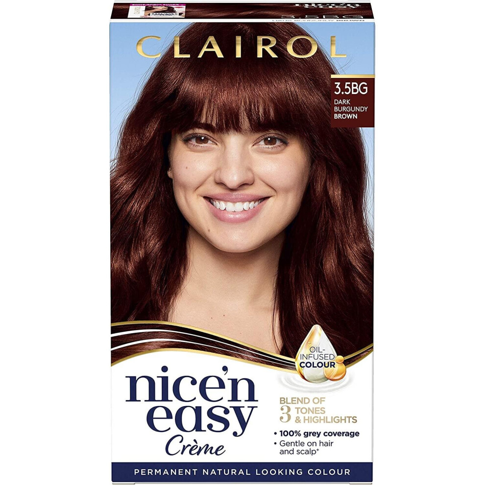 Clairol Nice' n Easy CrÃ¢Ãme, Natural Looking Oil Infused Permanent Hair Dye (Packaging May Vary), 3.5BG Dark Burgundy Brown 177 ml