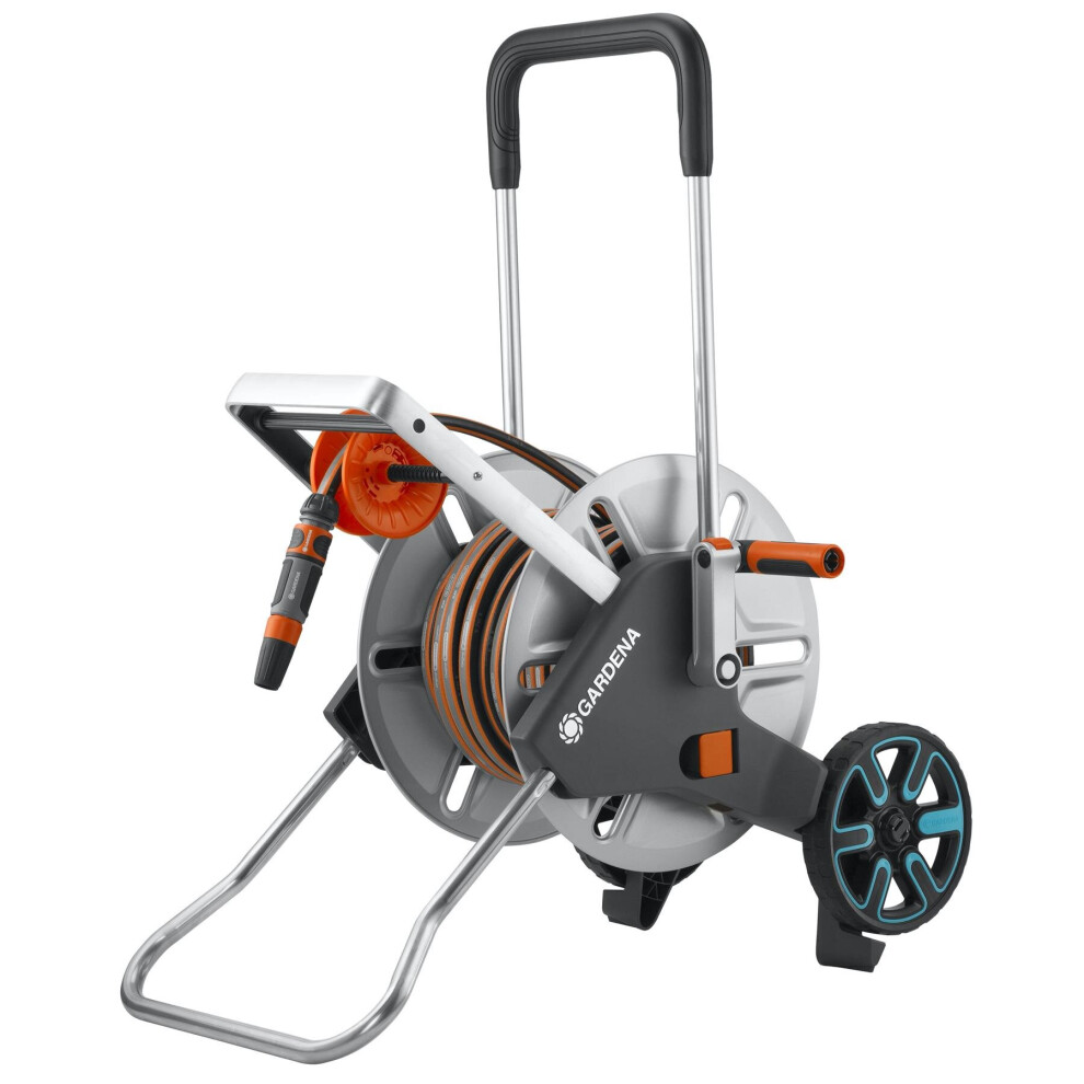 Gardena AquaRoll M Easy Metal Trolley - 25m Flex Hose Guide Set, Foldable Handle