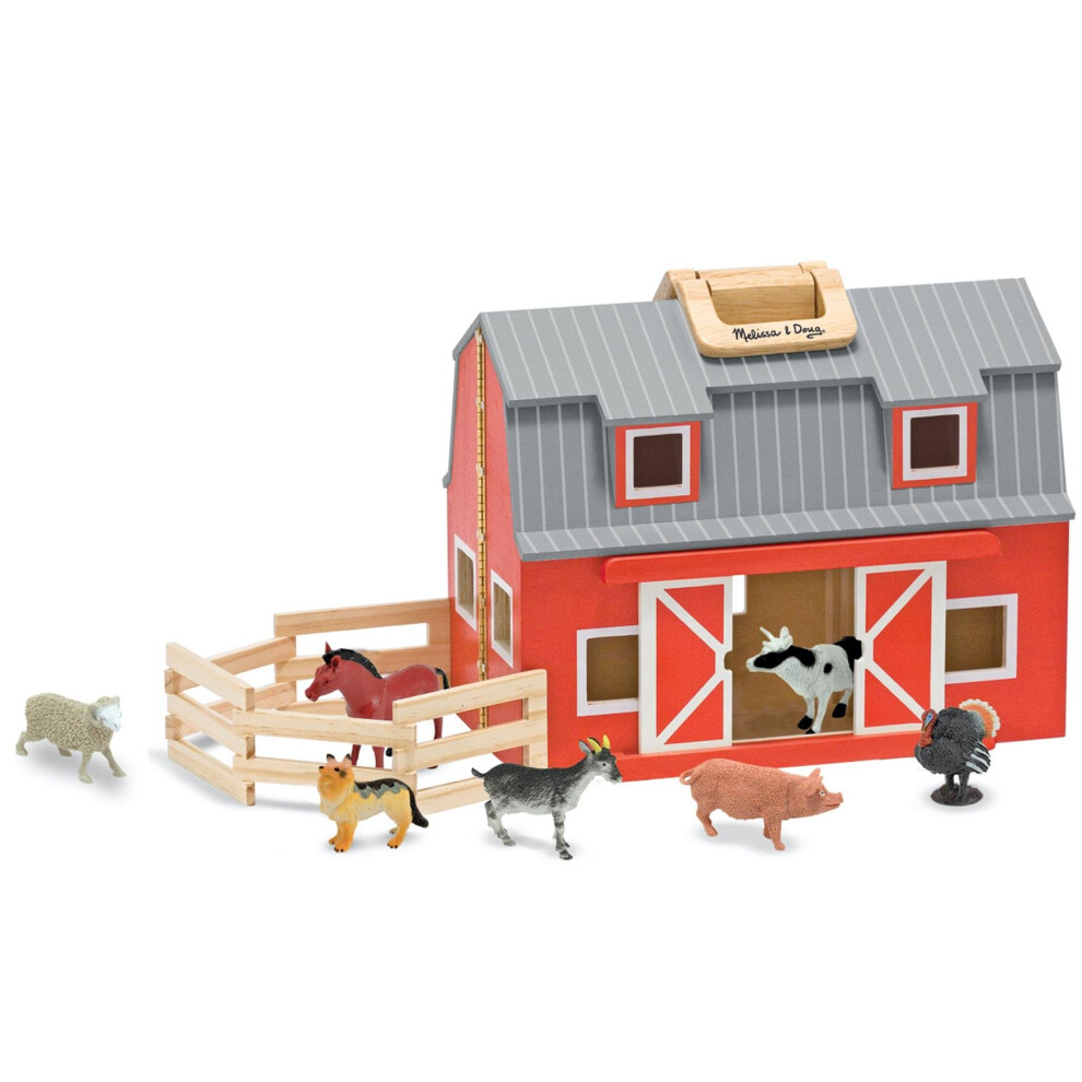 Melissa & Doug Fold & Go Wooden Barn Play Set, Portable with Farm Animals Age 3+