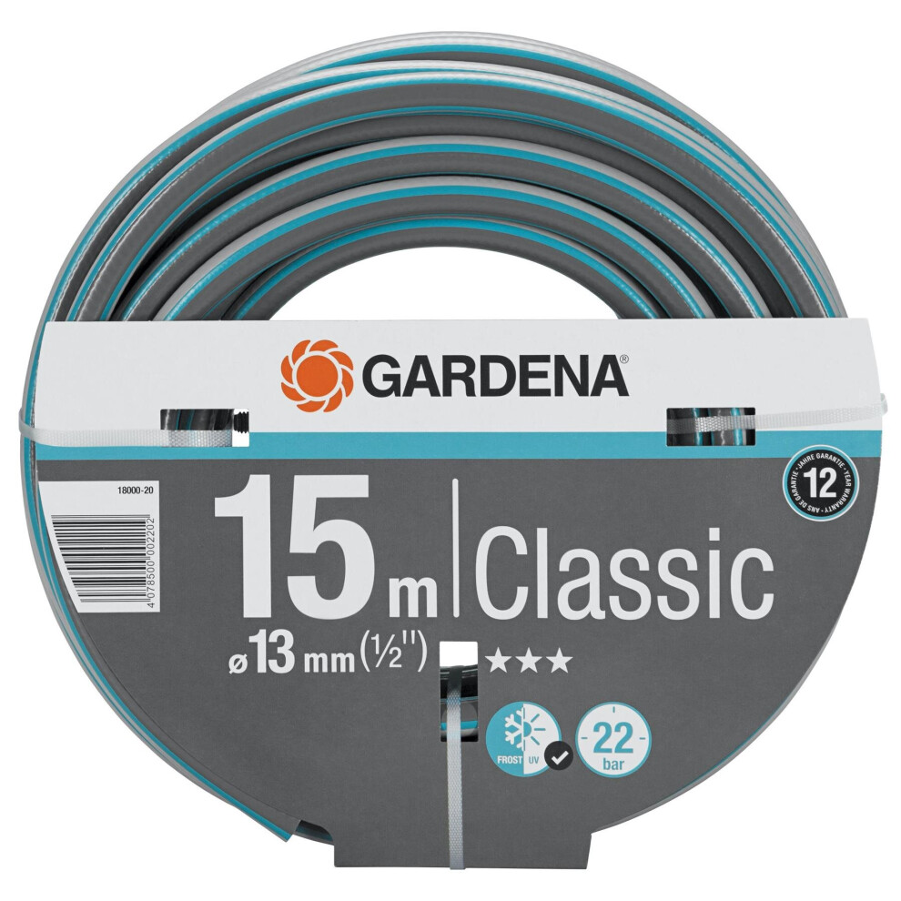 Gardena Classic Garden Hose Pipe 13mm (1/2") - 15m, UV Resistant/22 Bar Pressure