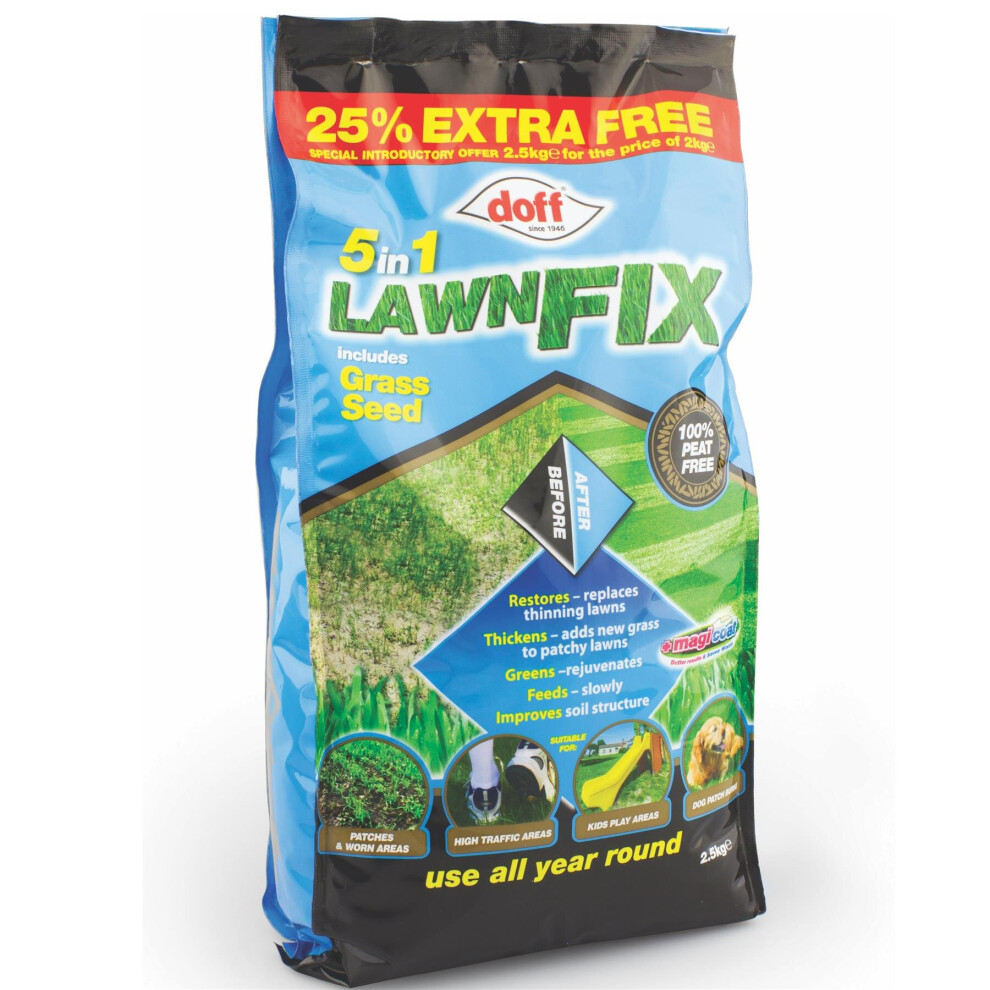 Doff 5 In 1 Garden Lawn Fix & Grass Seed, Thickens/Restores, Procoat Mix - 2.5Kg