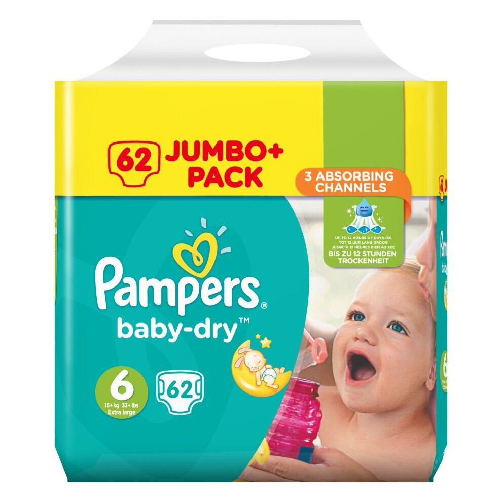 Pampers Baby Dry Nappies Size 6 Jumbo+ Flexible Sides Fast Dry-Layers Pack Of 62