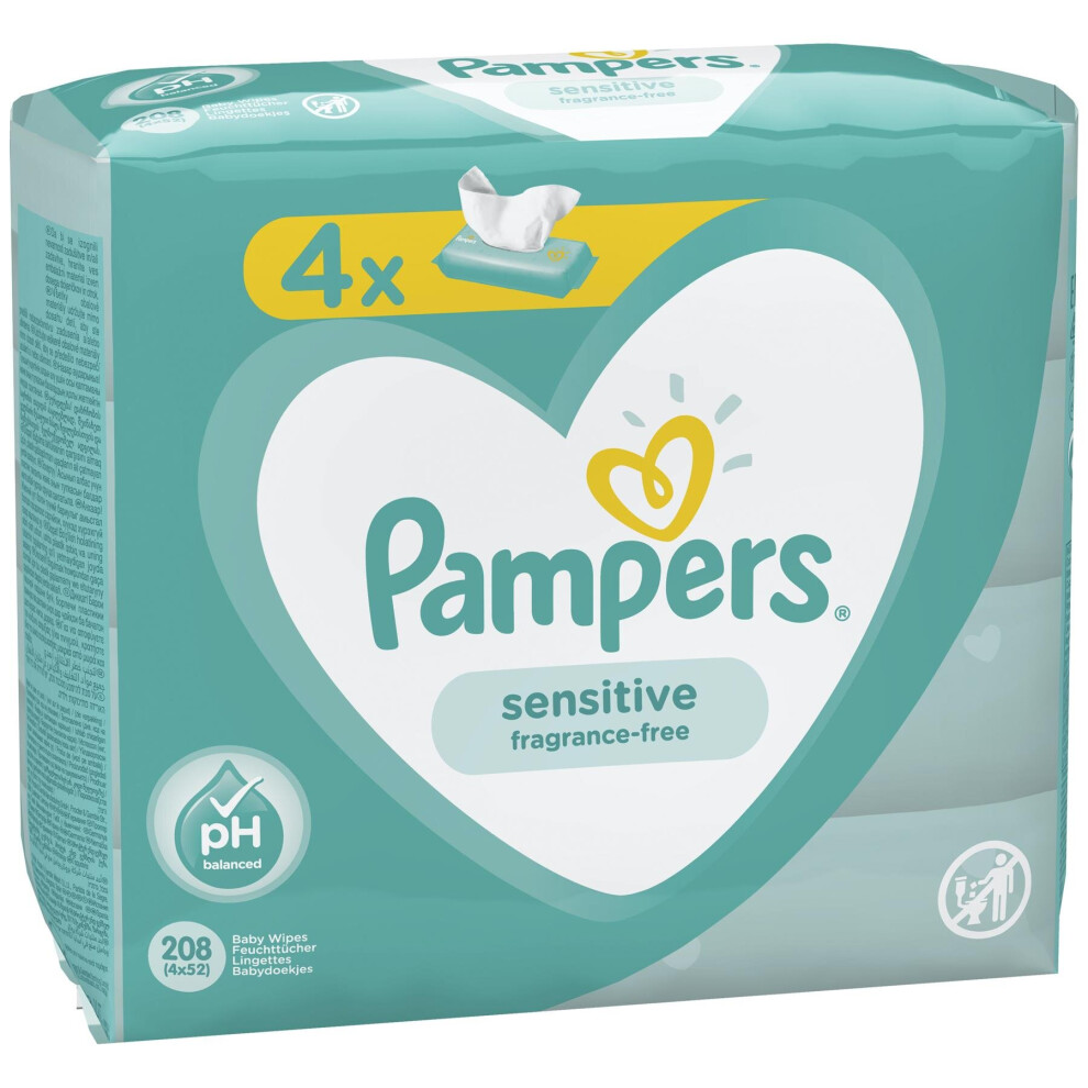 4 x Pampers Baby Wipes Sensitive/Perfume Free, with Delicate pH Balance 52 Pack