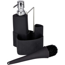 Wenko Washing-Up Set Liquid Dispenser, Brush, Cloth Holder - Empire Black, 250ml